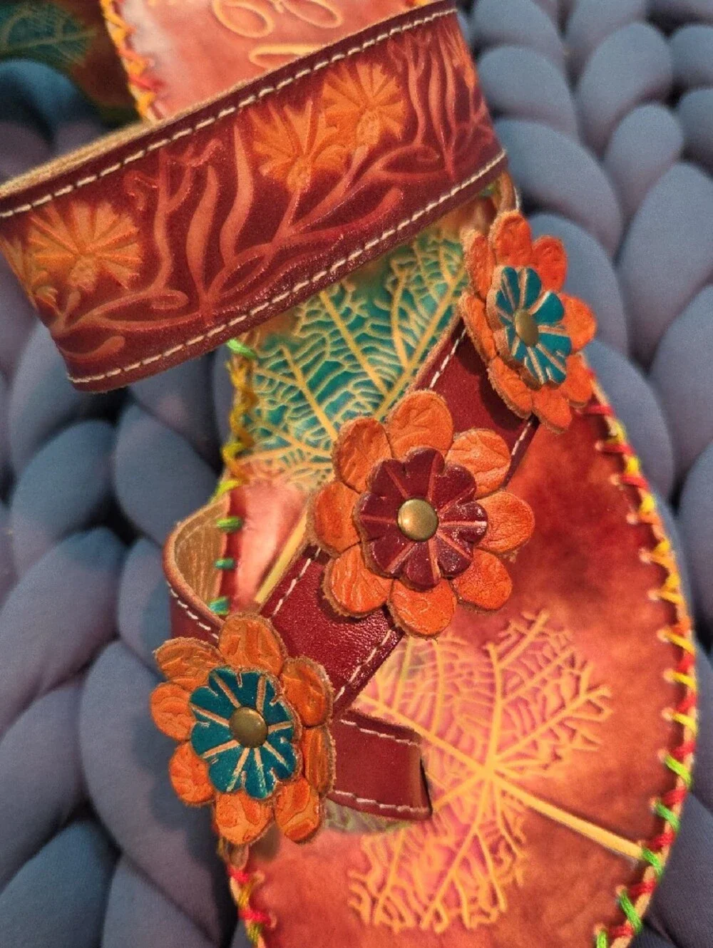 Corky's Elite Floral Leather Sandals - Brown with Orange & Teal Accents